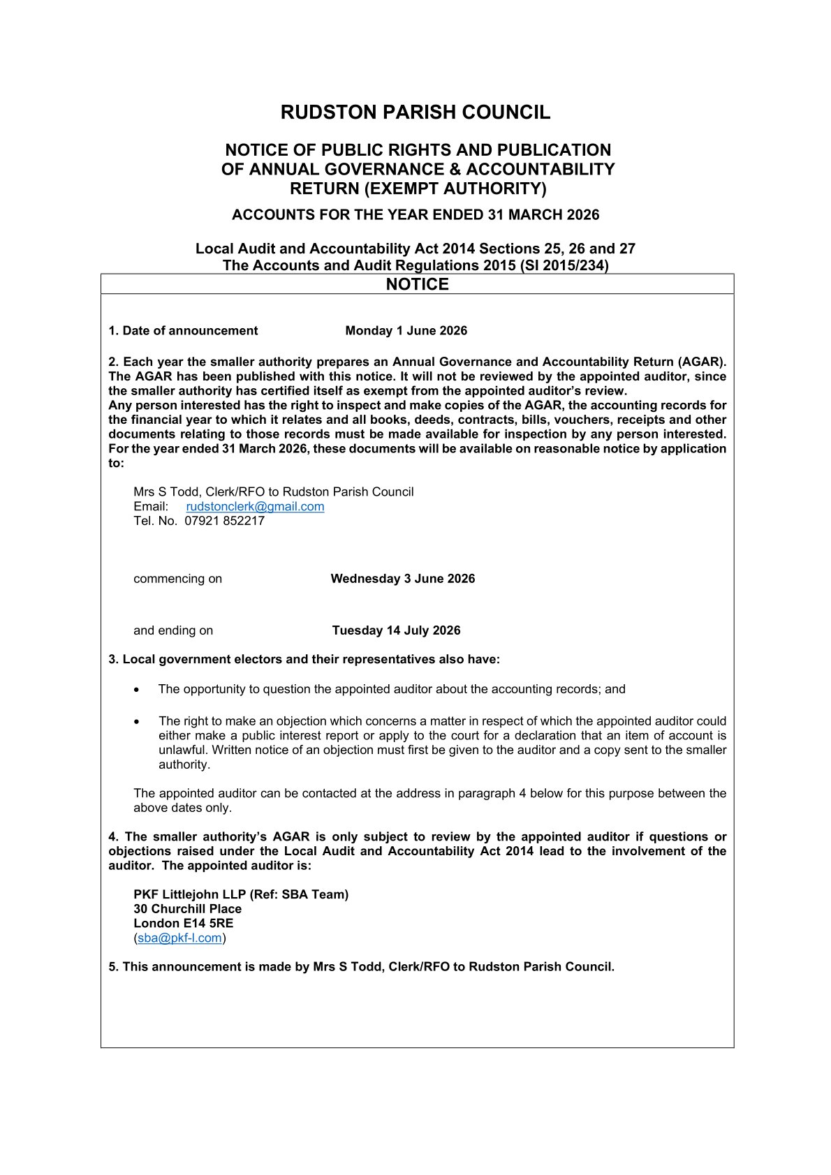 Notice of Period of Exercise of Public Rights